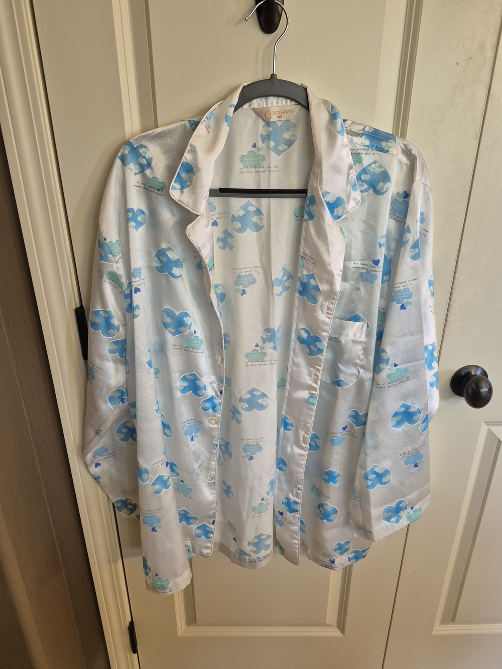 Silky White Satin Pajama Top with Blue Heart Print